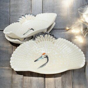 Vintage Japanese Ceramic Footed Crane 4inch Dish Plate Rare Set 3 Dishes Marked